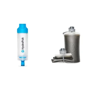 HydraPak 28mm Water Filtration Kit and 1.5L Collapsible Flux Backpacking Bottle Bundle - Fast Flow Filter Removes Bacteria and Microplastics with Twist Cap Bottle 50% Lighter Than Hard Bottles