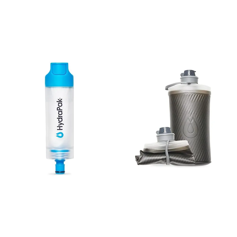 HydraPak 28mm Water Filtration Kit and 1.5L Collapsible Flux Backpacking Bottle Bundle - Fast Flow Filter Removes Bacteria and Microplastics with Twist Cap Bottle 50% Lighter Than Hard Bottles