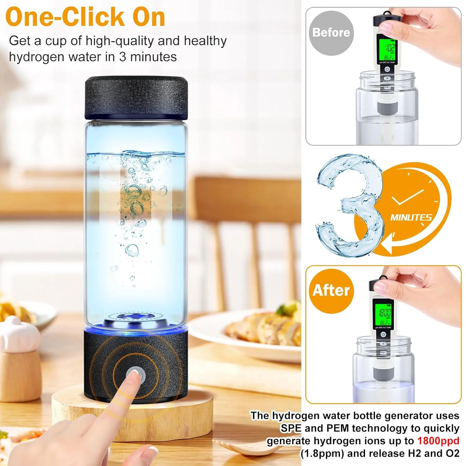 Hydrogen Water Bottle, Hydrogen Water Generator with Advanced SPE PEM Technology, High-Efficiency Portable 420ml Water Ionizer for Office, Travel, Fitness & Everyday Hydration