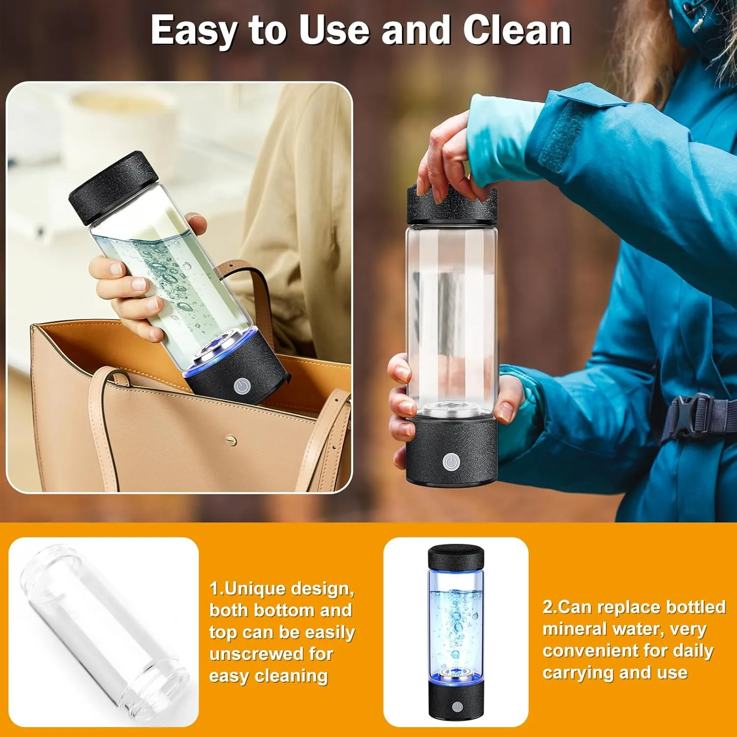 Hydrogen Water Bottle, Hydrogen Water Generator with Advanced SPE PEM Technology, High-Efficiency Portable 420ml Water Ionizer for Office, Travel, Fitness & Everyday Hydration