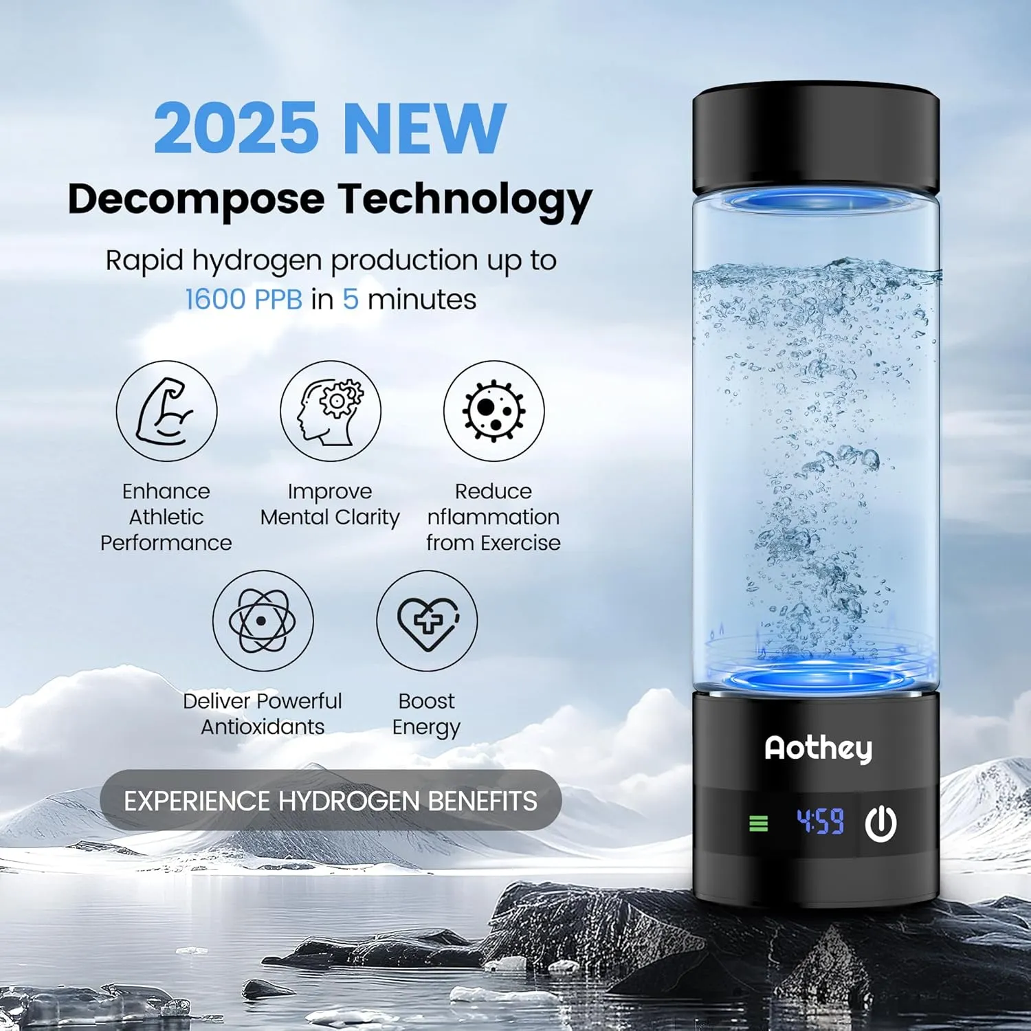 Hydrogen Water Bottle - Upgraded 1600ppb Portable Hydrogen Water Ionizer Machine, 410ml Rechargeable Gift Health Cup for Home, Office, Travel & Daily Hydration (Black)