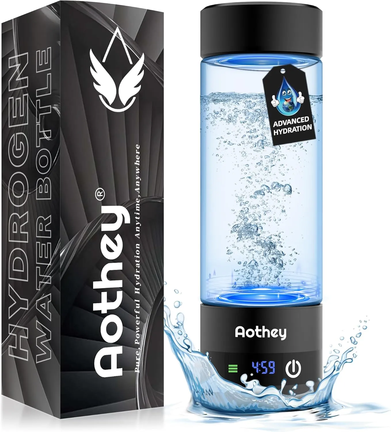 Hydrogen Water Bottle - Upgraded 1600ppb Portable Hydrogen Water Ionizer Machine, 410ml Rechargeable Gift Health Cup for Home, Office, Travel & Daily Hydration (Black)