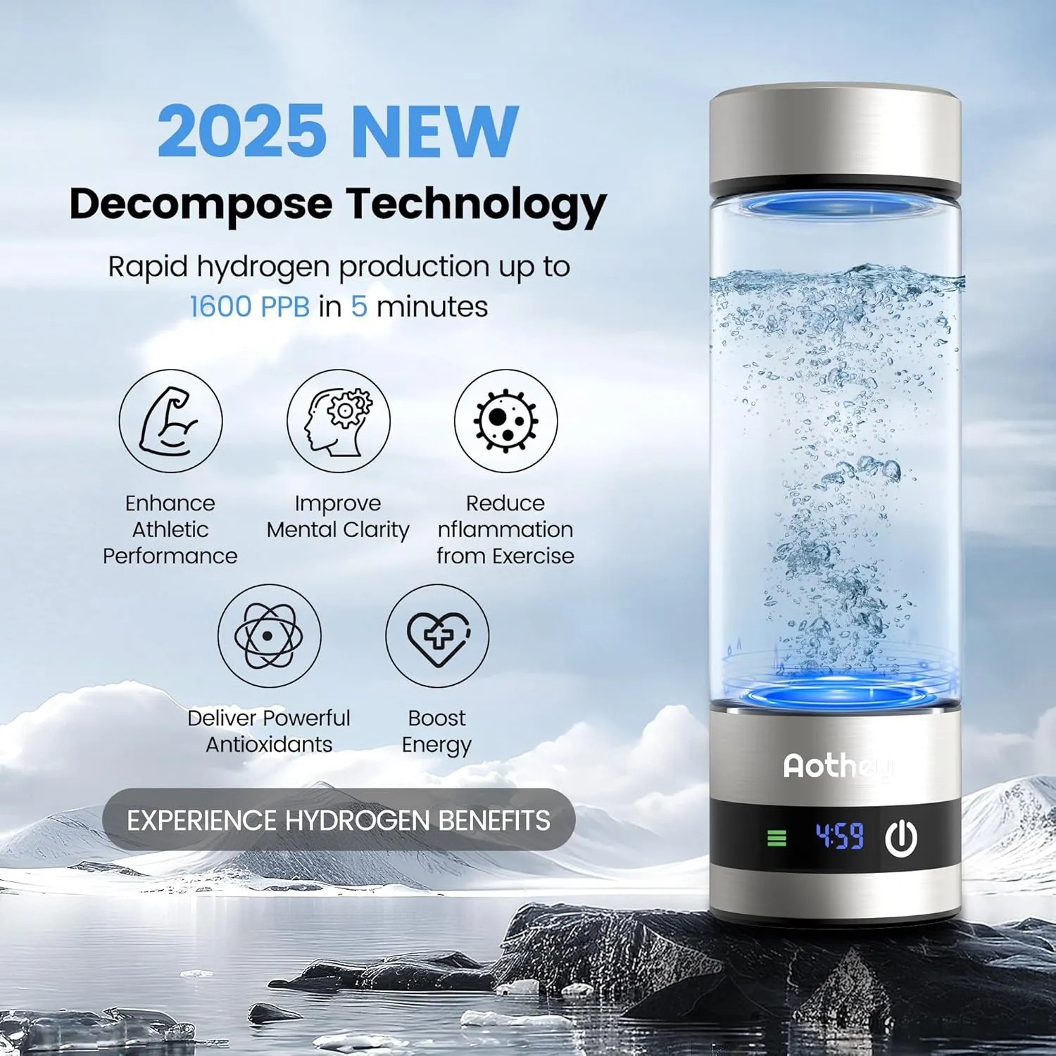 Hydrogen Water Bottle - Upgraded 1600ppb Portable Hydrogen Water Ionizer Machine, Rechargeable Gift Health Cup for Home, Office, Travel & Daily Hydration (Silver)