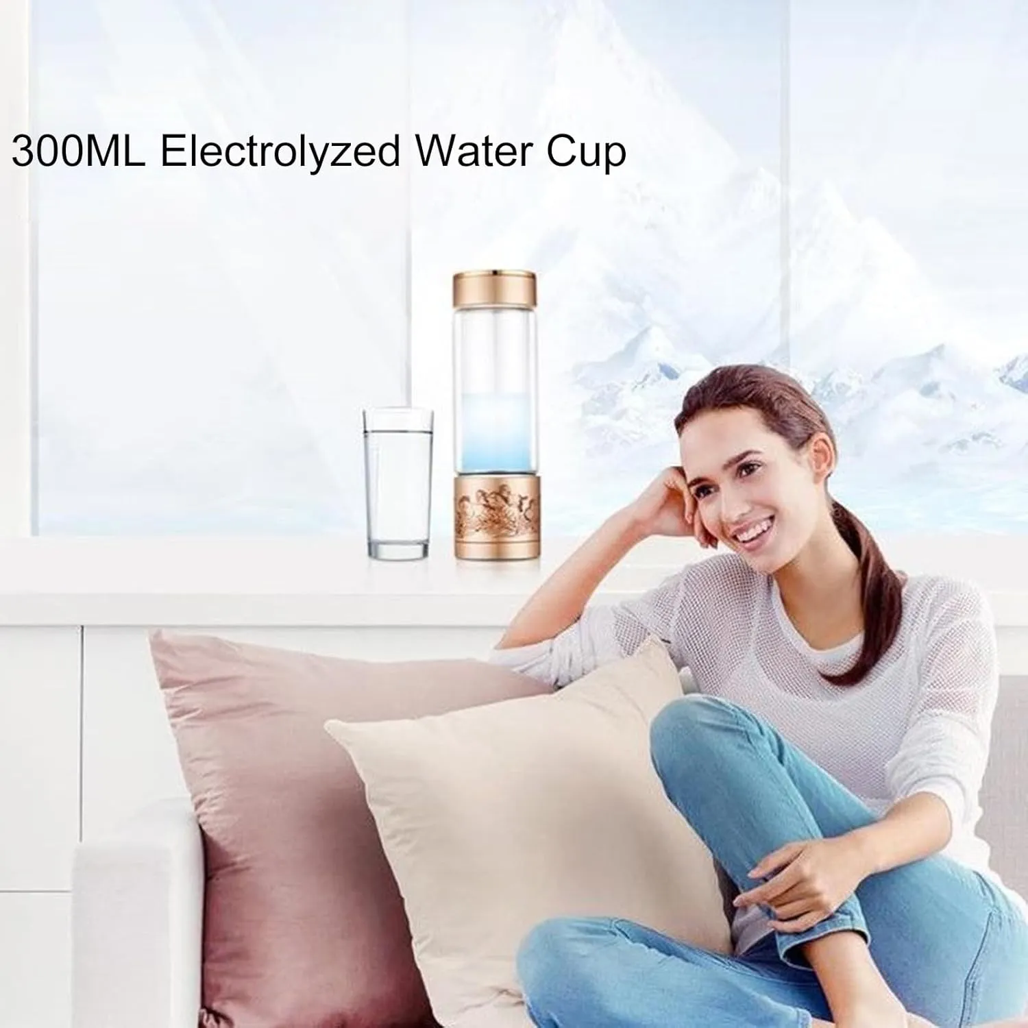 Hydrogen Water Bottle,300ML Electrolyzed Water Cup Portable Hydrogen Water Generator Bottle Sealed Water Bottle Portable Hydrogen Water Ionizer Machine for Home Office Travel Golden 300ML