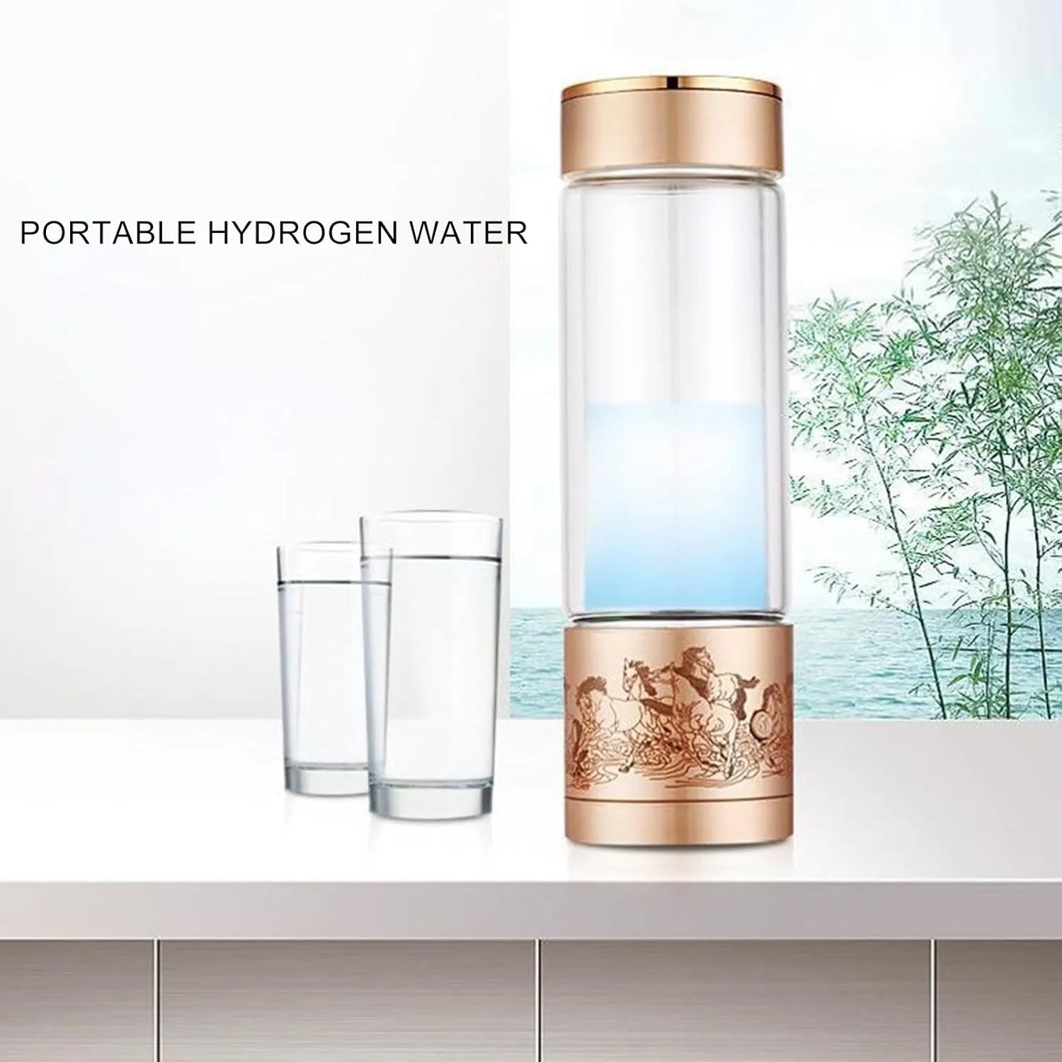 Hydrogen Water Bottle,300ML Electrolyzed Water Cup Portable Hydrogen Water Generator Bottle Sealed Water Bottle Portable Hydrogen Water Ionizer Machine for Home Office Travel Golden 300ML