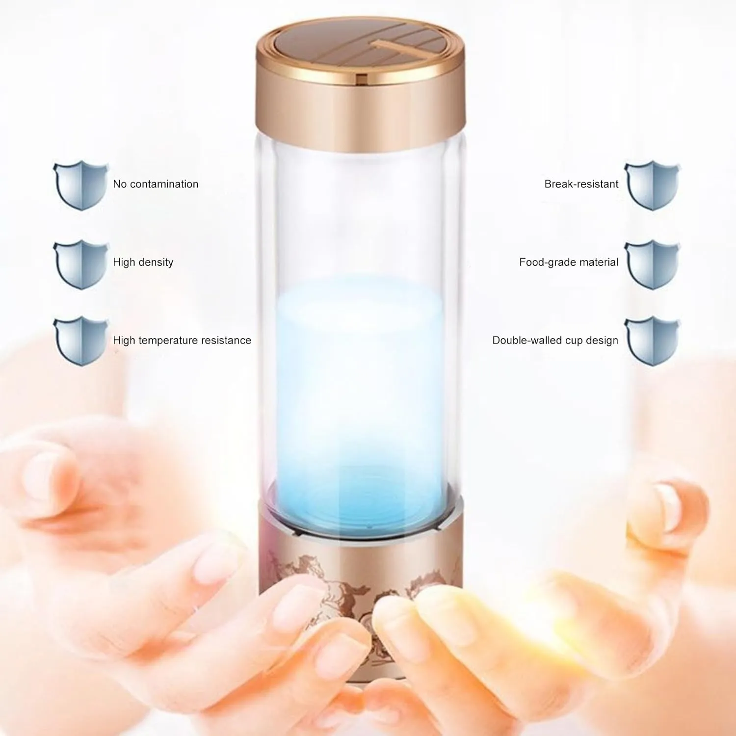 Hydrogen Water Bottle,300ML Electrolyzed Water Cup Portable Hydrogen Water Generator Bottle Sealed Water Bottle Portable Hydrogen Water Ionizer Machine for Home Office Travel Golden 300ML