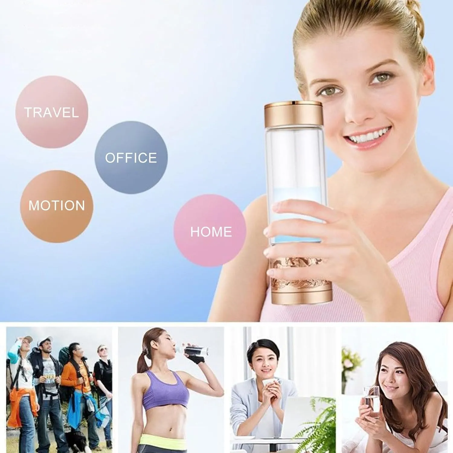 Hydrogen Water Bottle,300ML Electrolyzed Water Cup Portable Hydrogen Water Generator Bottle Sealed Water Bottle Portable Hydrogen Water Ionizer Machine for Home Office Travel Golden 300ML