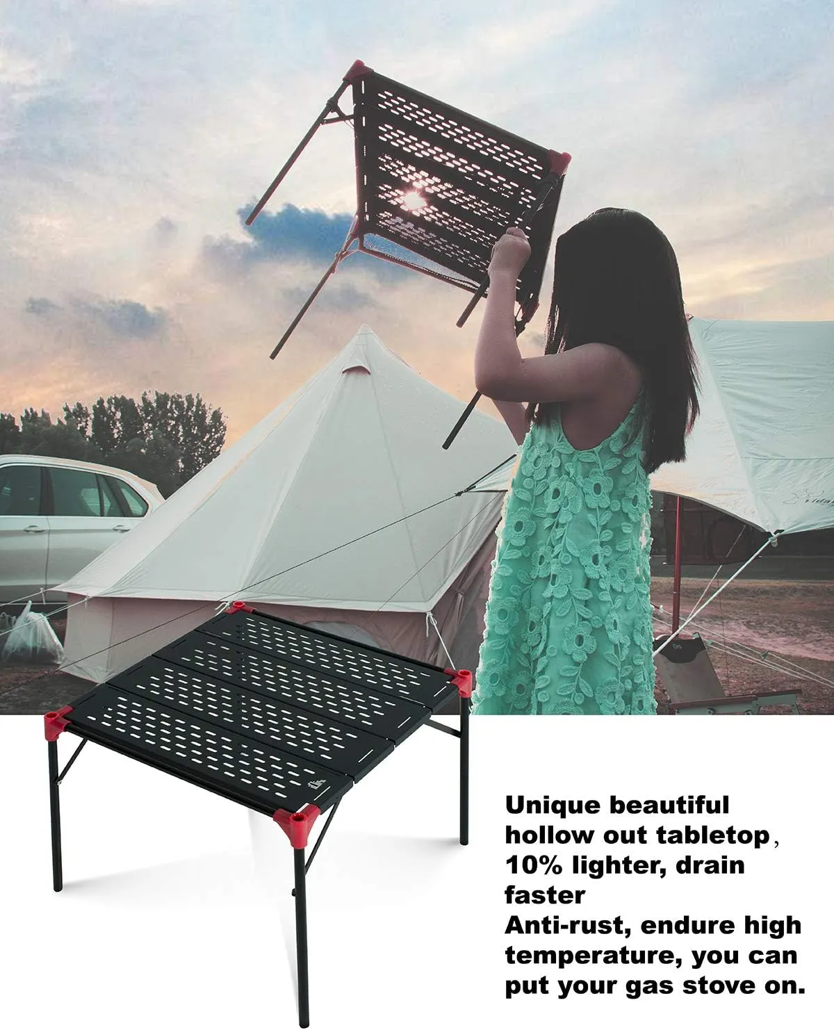 iClimb Extendable Folding Table Large Tabletop Area Ultralight Compact with Hollow Out Tabletop and Carry Bag for Camping Backpacking Beach Concert BBQ Party, Three Size (Black - L)