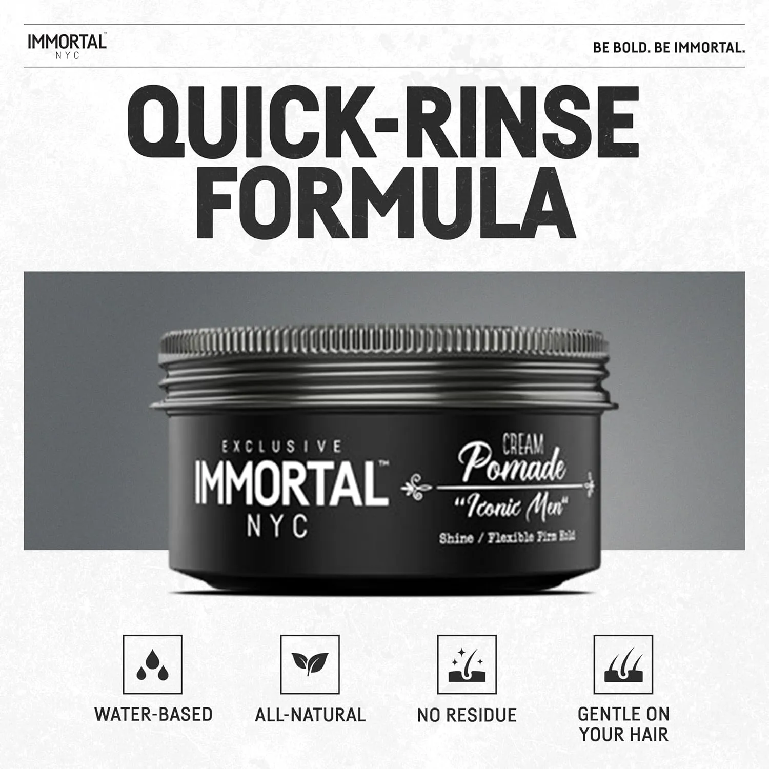 Immortal NYC Iconic Men Cream Pomade - Flex Medium/Stong Hold - Low Shine All Natural Water-Based Hair Cream Pomade for Men - No Residue, All Hair Types