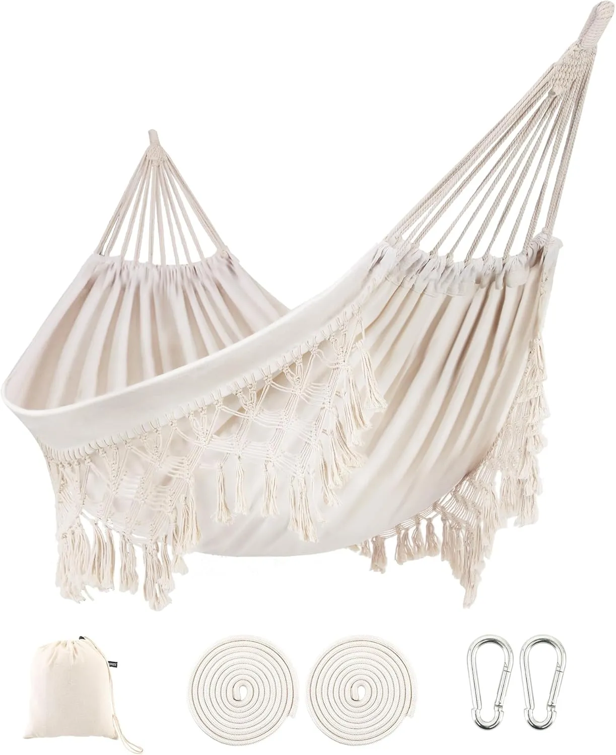 Indoor Hammock with Macrame Fringe for 2 Persons,Double Boho Hammocks with Tassels,Portable Cotton Rope Hamaca Swing with Travel Bag for Outside,Porch,Garden,Patio,Backyard,Up to 500lbs White