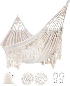 Indoor Hammock with Macrame Fringe for 2 Persons,Double Boho Hammocks with Tassels,Portable Cotton Rope Hamaca Swing with Travel Bag for Outside,Porch,Garden,Patio,Backyard,Up to 500lbs White