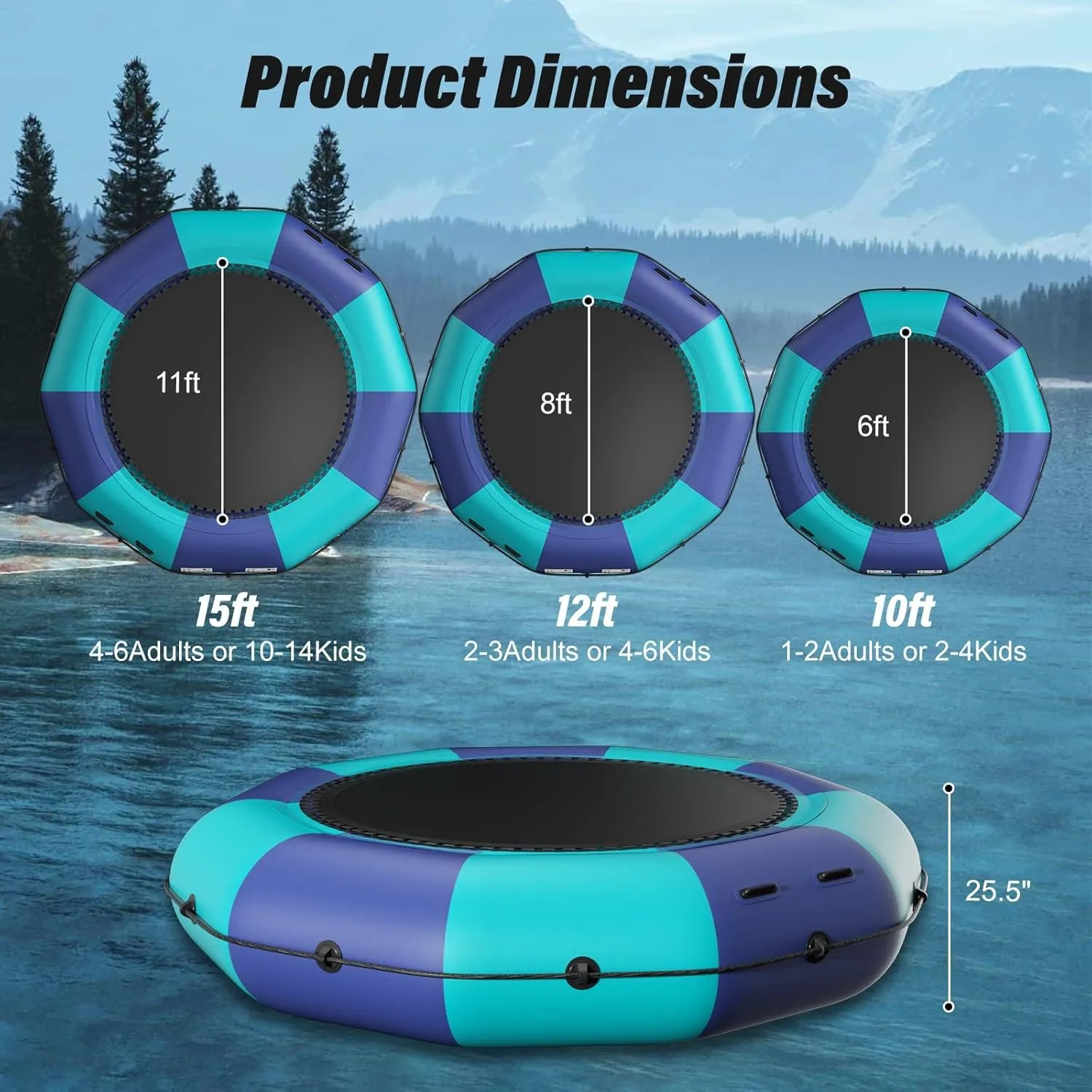 Inflatable Water Trampoline for Lake, 6FT/10FT/12FT/15FT Recreational Floating Water Bouncer with 500W Electric Inflator & Rope Ladder, Kids Adults Portable Pool Trampoline Swim Platform