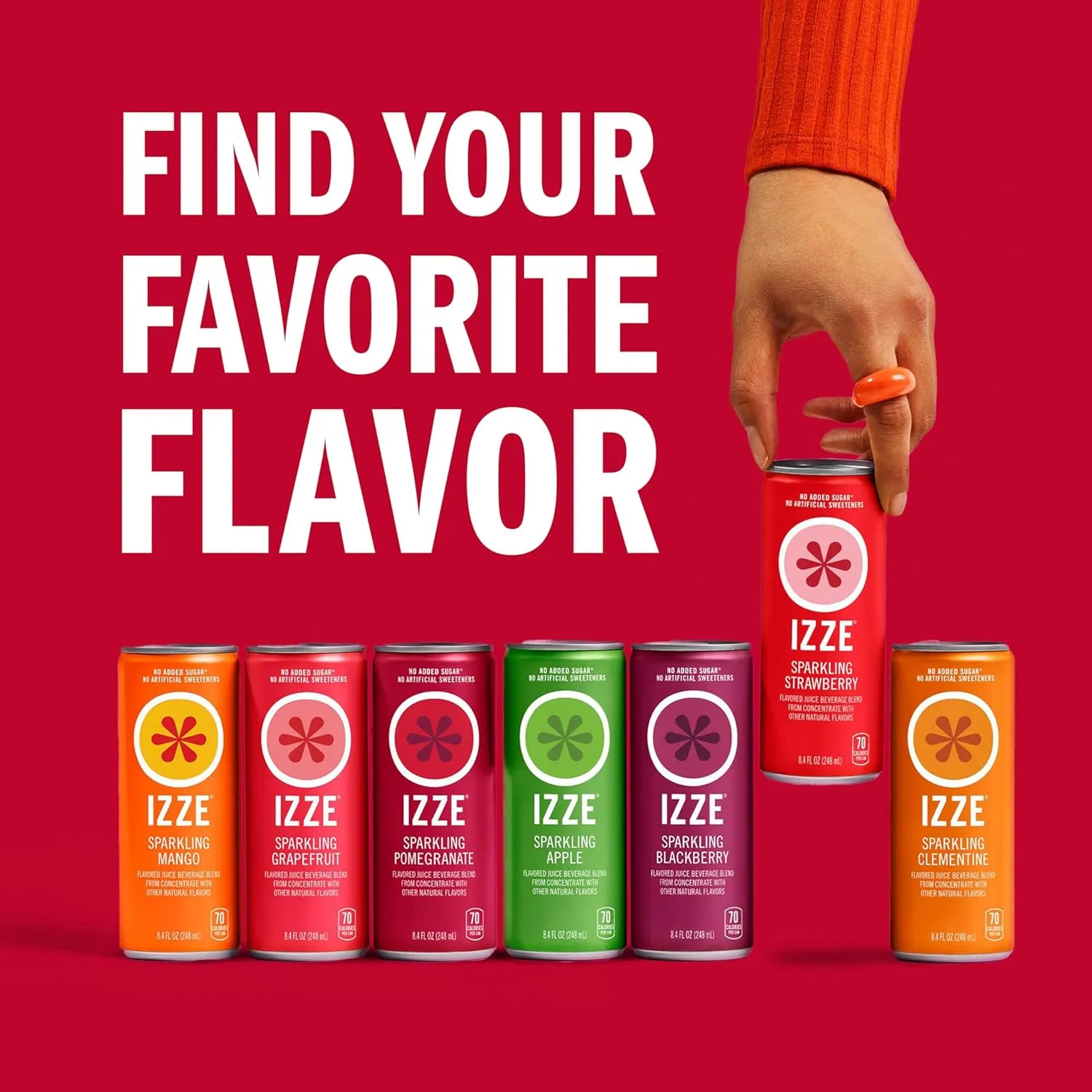 IZZE Sparkling Juice Beverage Blend, Strawberry, No Sugar Added, 8.4 FL OZ, 24 Cans