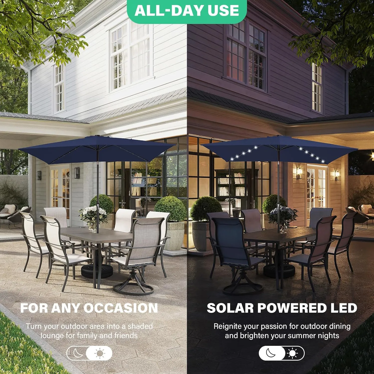 JEAREY 6.5x10 ft Rectangular LED Lighted Patio Umbrellas Outdoor Solar Table Market Umbrella w/Push Button Tilt/Crank, 6 Sturdy Ribs, UV Protection Waterproof Sunproof(Navy Blue)