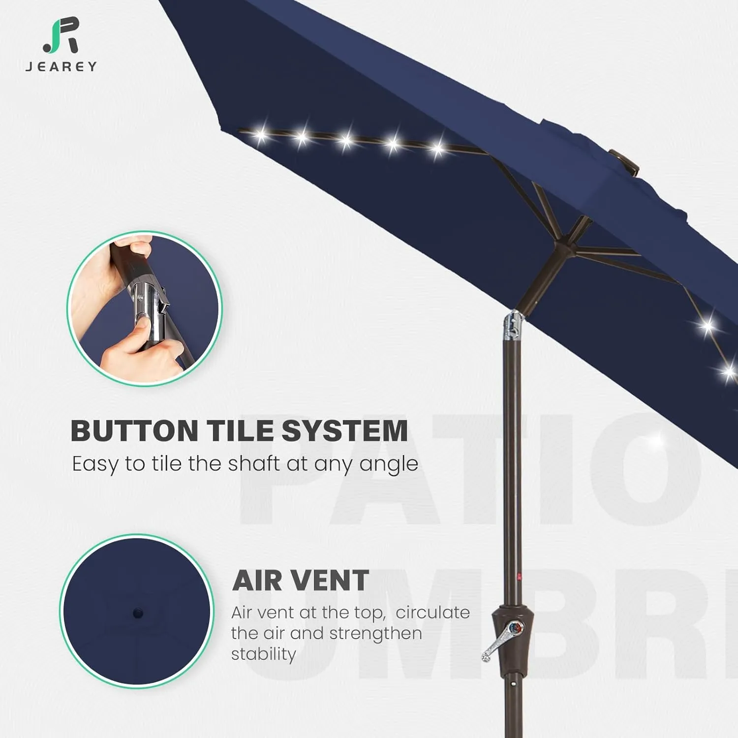 JEAREY 6.5x10 ft Rectangular LED Lighted Patio Umbrellas Outdoor Solar Table Market Umbrella w/Push Button Tilt/Crank, 6 Sturdy Ribs, UV Protection Waterproof Sunproof(Navy Blue)