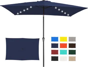 JEAREY 6.5x10 ft Rectangular LED Lighted Patio Umbrellas Outdoor Solar Table Market Umbrella w/Push Button Tilt/Crank, 6 Sturdy Ribs, UV Protection Waterproof Sunproof(Navy Blue)