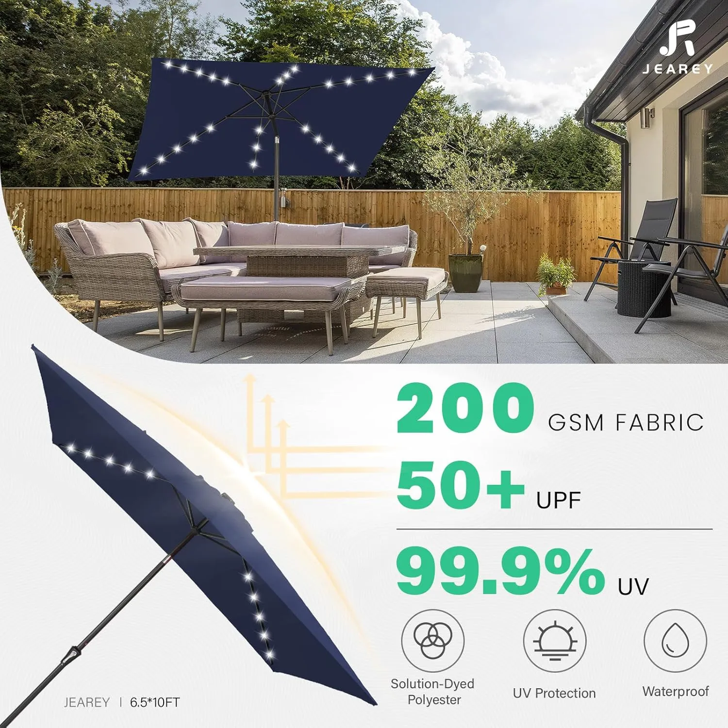 JEAREY 6.5x10 ft Rectangular LED Lighted Patio Umbrellas Outdoor Solar Table Market Umbrella w/Push Button Tilt/Crank, 6 Sturdy Ribs, UV Protection Waterproof Sunproof(Navy Blue)