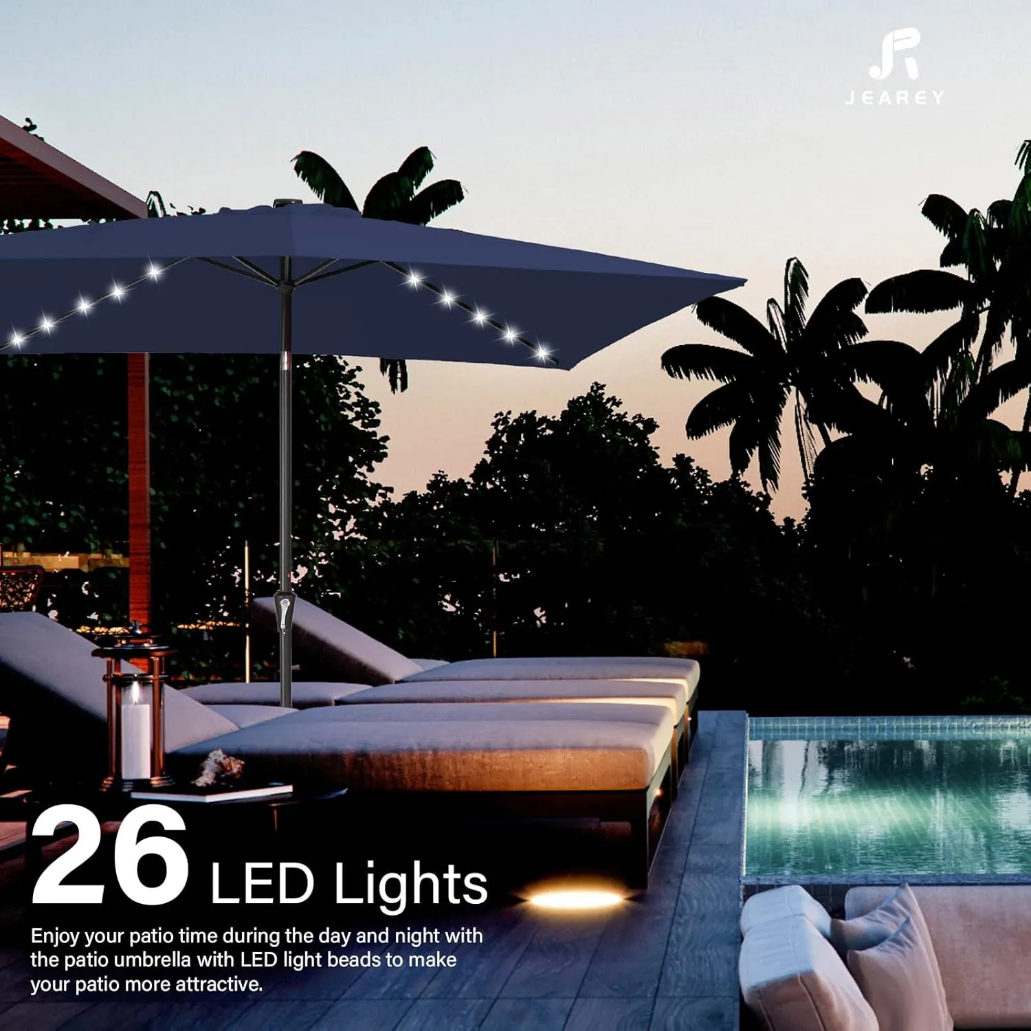 JEAREY 6.5x10 ft Rectangular LED Lighted Patio Umbrellas Outdoor Solar Table Market Umbrella w/Push Button Tilt/Crank, 6 Sturdy Ribs, UV Protection Waterproof Sunproof(Navy Blue)