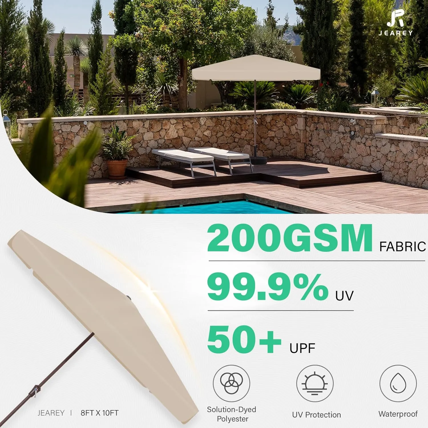 JEAREY 8x10 ft Rectangular Patio Umbrellas Outdoor Table Market Umbrella w/Crank, 8 Sturdy Ribs, UV Protection Waterproof Sunproof(Beige)