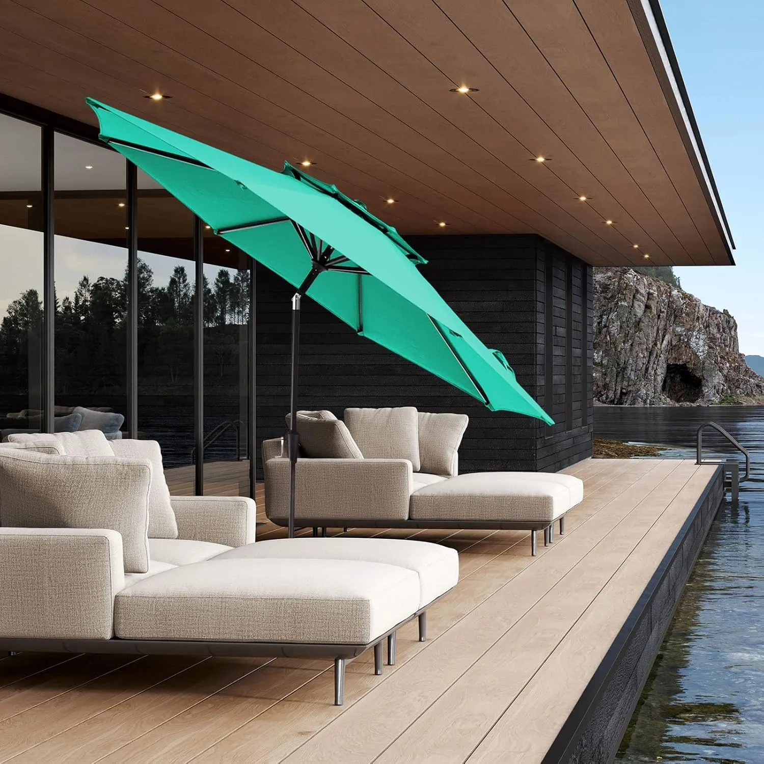 JEAREY 9' 2-Tiers Patio Umbrellas Outdoor Table Market Umbrella w/Push Button Tilt/Crank, 8 Sturdy Ribs, UV Protection Waterproof Sunproof(Aqua Sky)