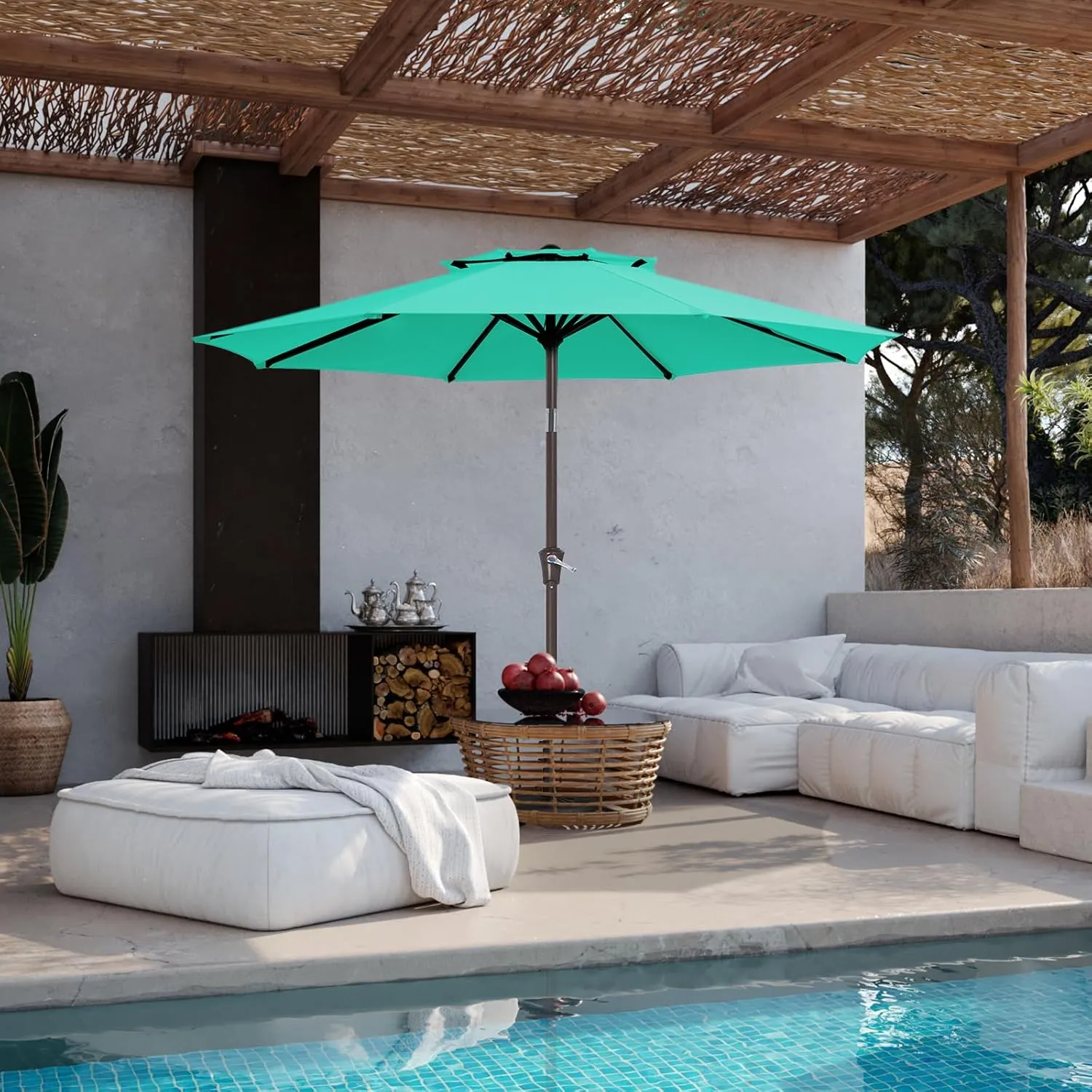 JEAREY 9' 2-Tiers Patio Umbrellas Outdoor Table Market Umbrella w/Push Button Tilt/Crank, 8 Sturdy Ribs, UV Protection Waterproof Sunproof(Aqua Sky)
