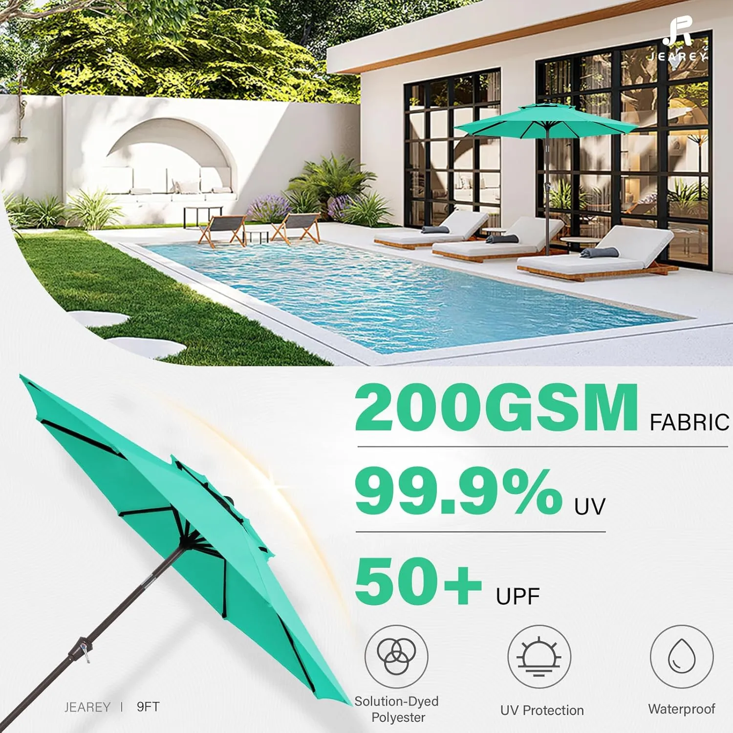 JEAREY 9' 2-Tiers Patio Umbrellas Outdoor Table Market Umbrella w/Push Button Tilt/Crank, 8 Sturdy Ribs, UV Protection Waterproof Sunproof(Aqua Sky)