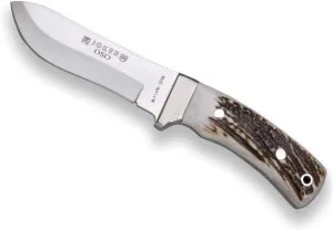 Joker "OSO CC49 Mountain Knife, MOVA 4,72 inches Blade, Deer Pole Handle, with Brown Leather Sheath, Fishing Tool, Hunting, Camping and Hiking