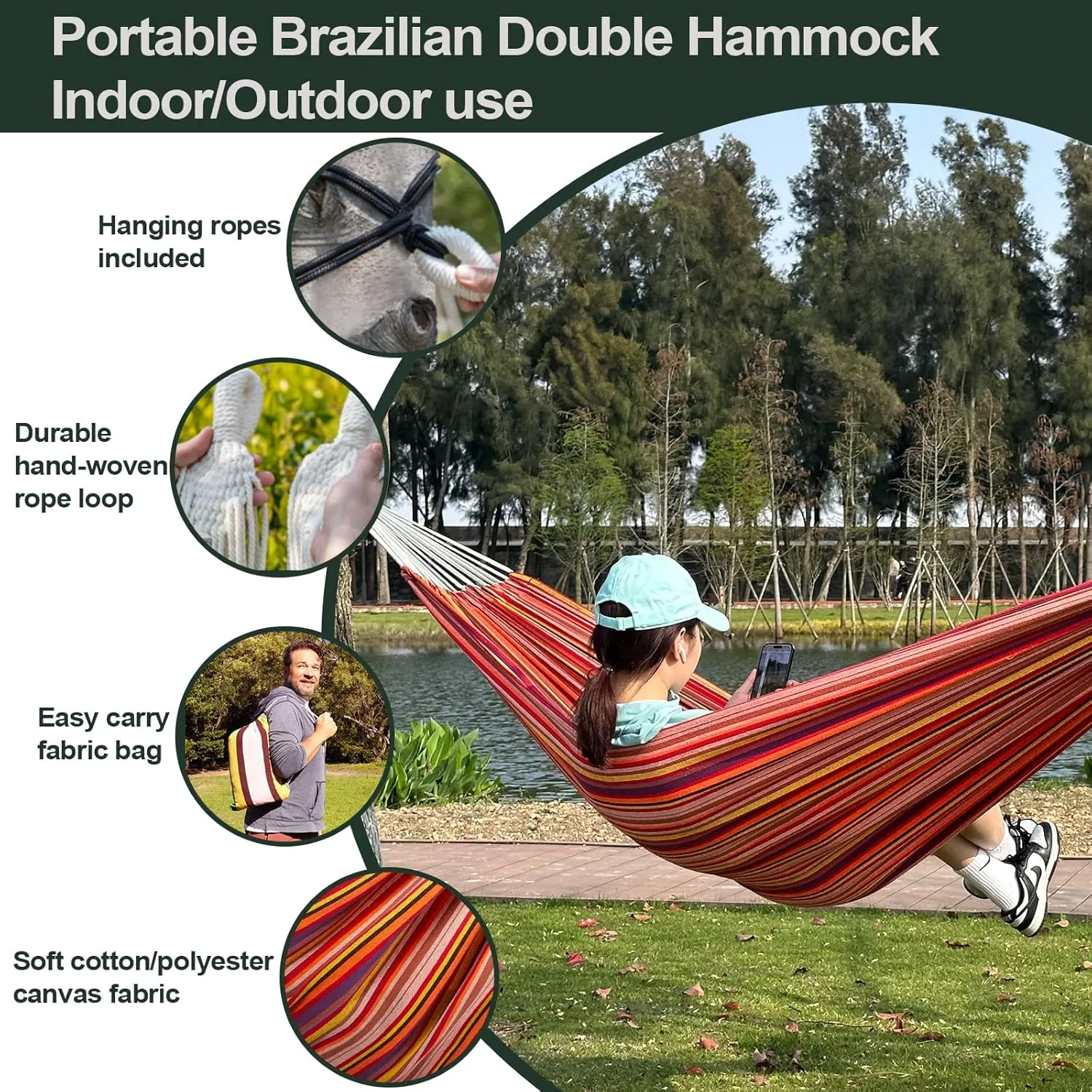 JoyView Brazilian Double Hammock with Hanging Ropes Extra Large 86.6x59” Portable Cotton Hammock for Patio Backyard Porch 450LBS Weight Capacity Perfect for Outdoor/Indoor - Black/Red Stripe