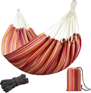 JoyView Brazilian Double Hammock with Hanging Ropes Extra Large 86.6x59” Portable Cotton Hammock for Patio Backyard Porch 450LBS Weight Capacity Perfect for Outdoor/Indoor - Red Stripes