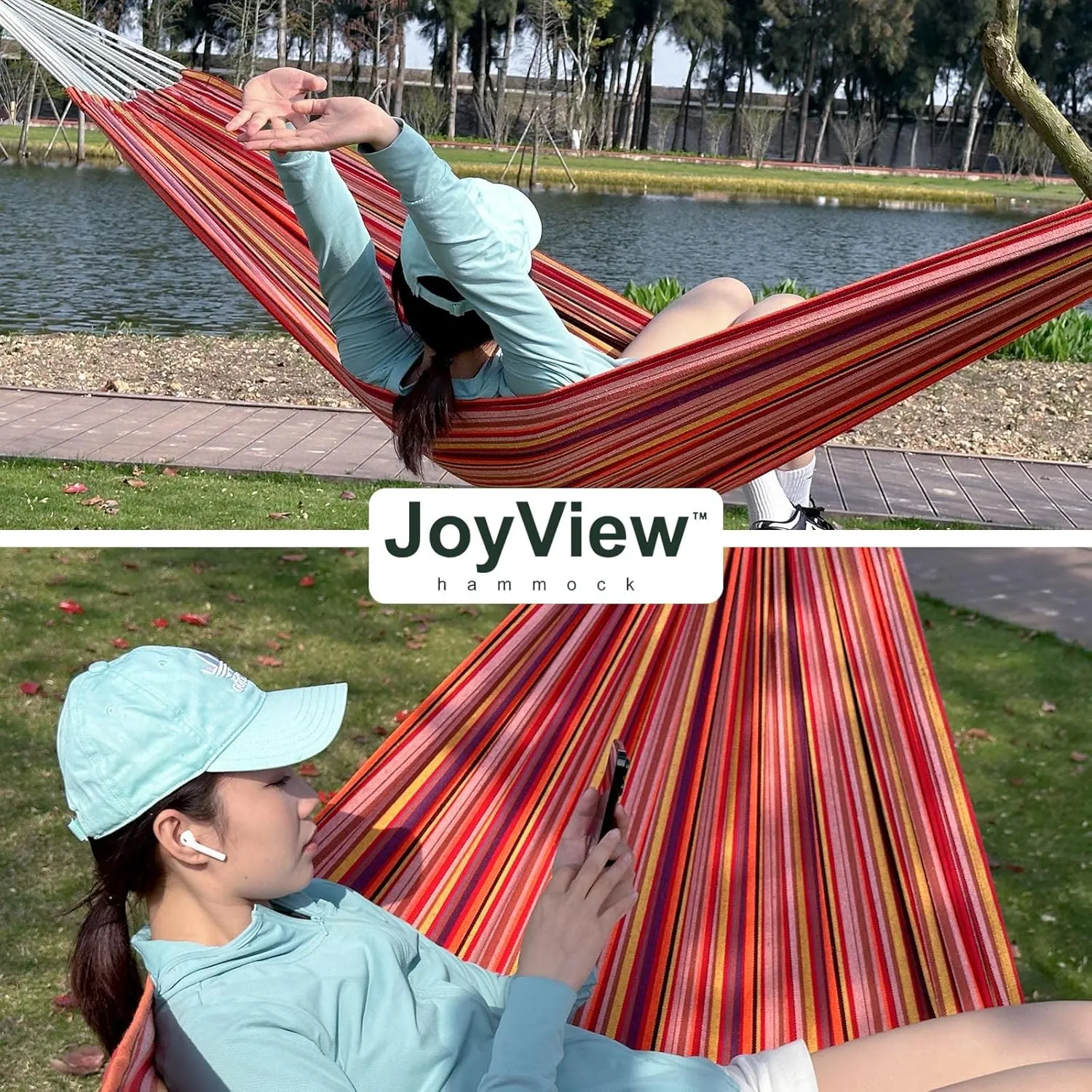 JoyView Brazilian Double Hammock with Hanging Ropes Extra Large 86.6x59” Portable Cotton Hammock for Patio Backyard Porch 450LBS Weight Capacity Perfect for Outdoor/Indoor - Red Stripes