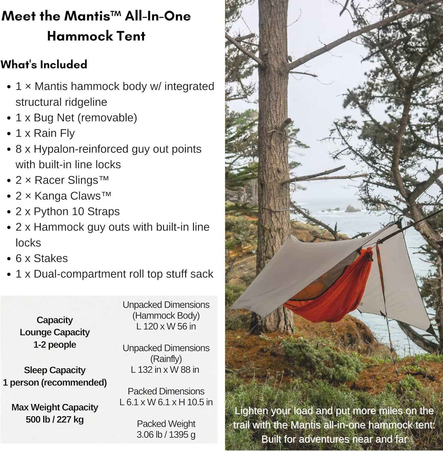 KAMMOK Mantis Hammock, All Seasons, Mosquito Net, Storage Bag, Camping, Outdoor Activities - Midnight Blue