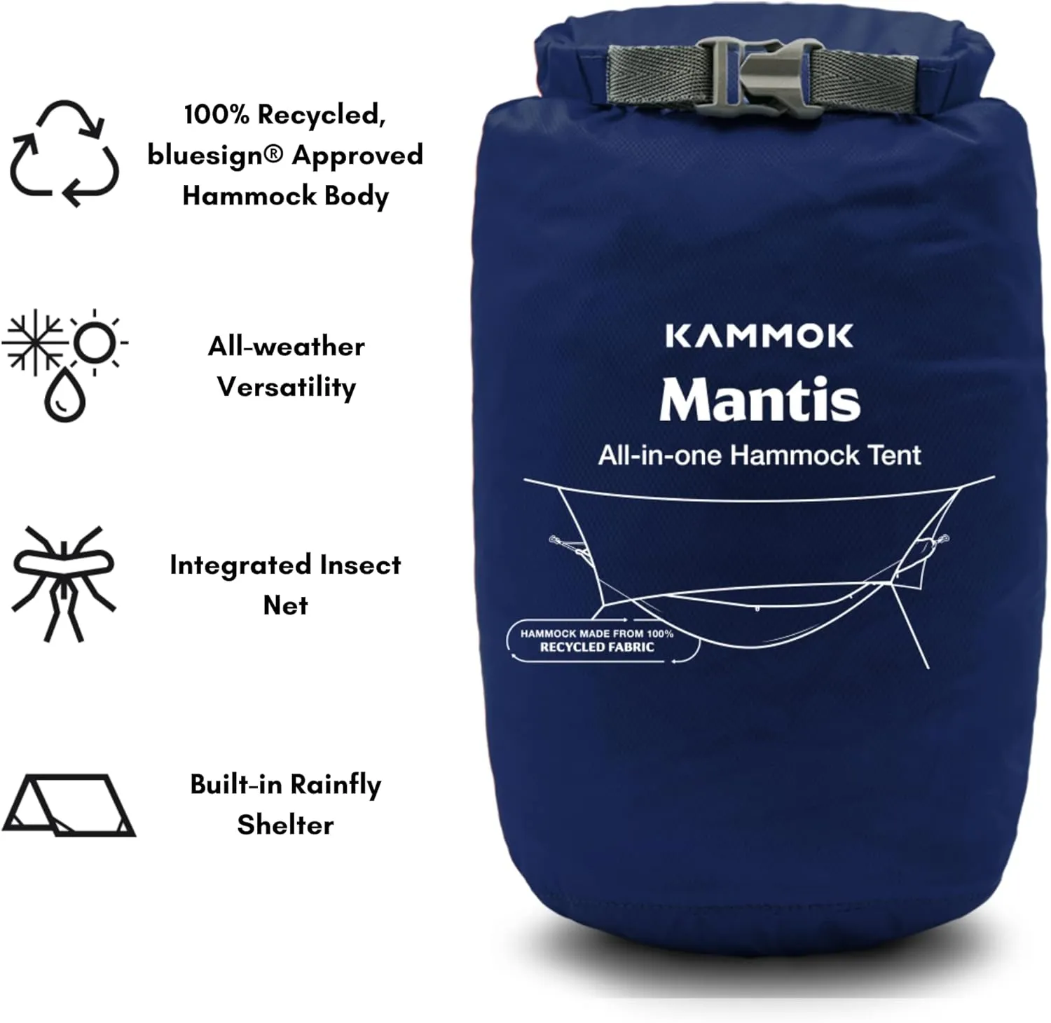 KAMMOK Mantis Hammock, All Seasons, Mosquito Net, Storage Bag, Camping, Outdoor Activities - Midnight Blue