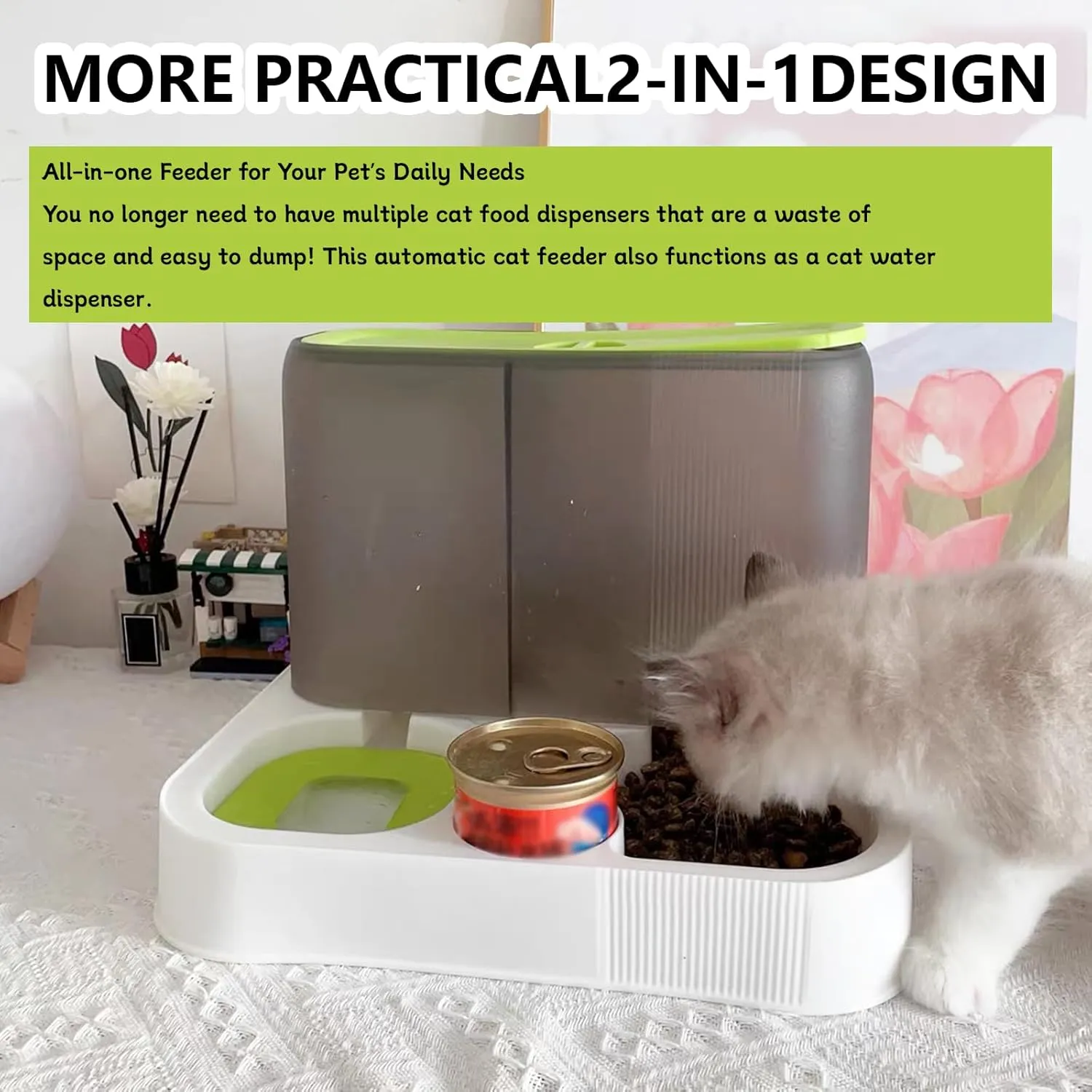 kathson All-in-One Automatic Cat Food and Water Dispenser Set Gravity Cat Feeder and Water Bowl Large Capacity Self Feeding Dog Feeder and Waterer for Small Dogs Puppy Cats Pets（Green）