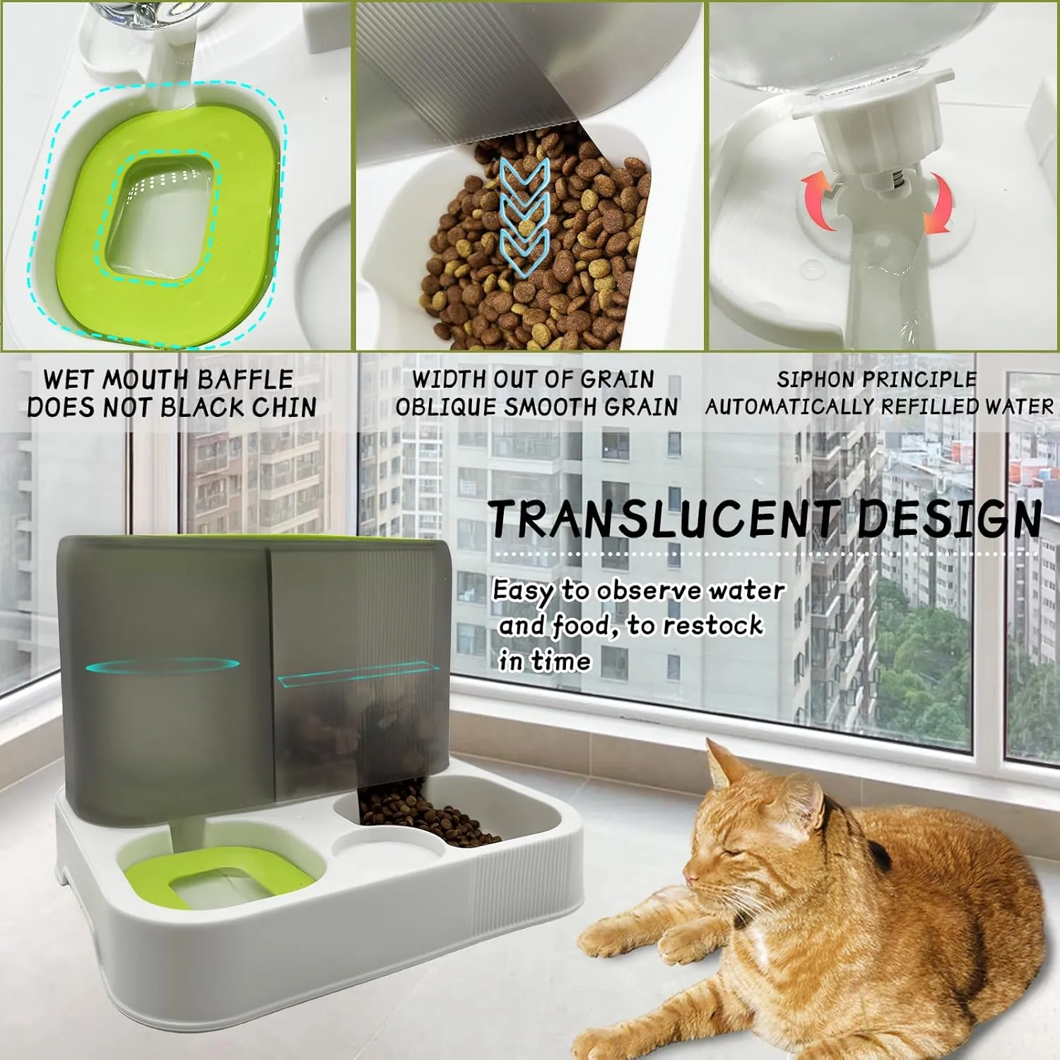 kathson All-in-One Automatic Cat Food and Water Dispenser Set Gravity Cat Feeder and Water Bowl Large Capacity Self Feeding Dog Feeder and Waterer for Small Dogs Puppy Cats Pets（Green）