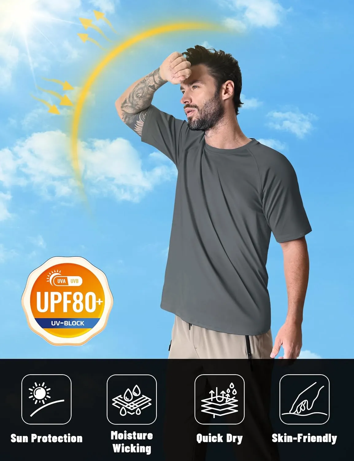 KEFITEVD Men‘s UPF 80  Swim Shirts Short Sleeve UV SPF Shirts Quick Dry Rashguard Sun Shirts Lightweight Workout T-Shirts