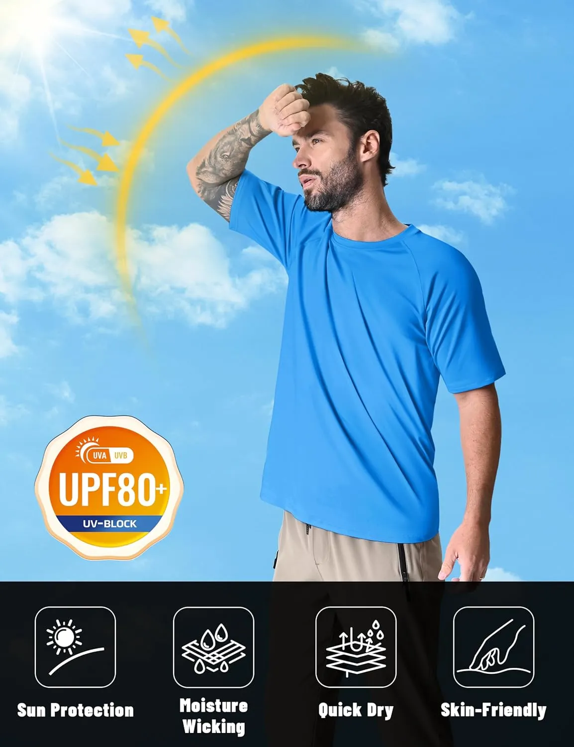 KEFITEVD Men‘s UPF 80  Swim Shirts Short Sleeve UV SPF Shirts Quick Dry Rashguard Sun Shirts Lightweight Workout T-Shirts