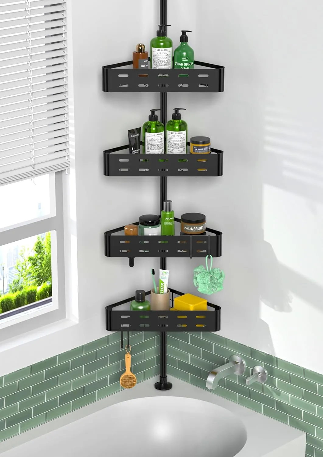 KEGII Corner Shower Caddy Tension Pole - Shower Tension Rod Organizer, Floor to Ceiling Shower Caddy 25-114.2 inch, Towel Rack Corner Waterproof, Dark Black
