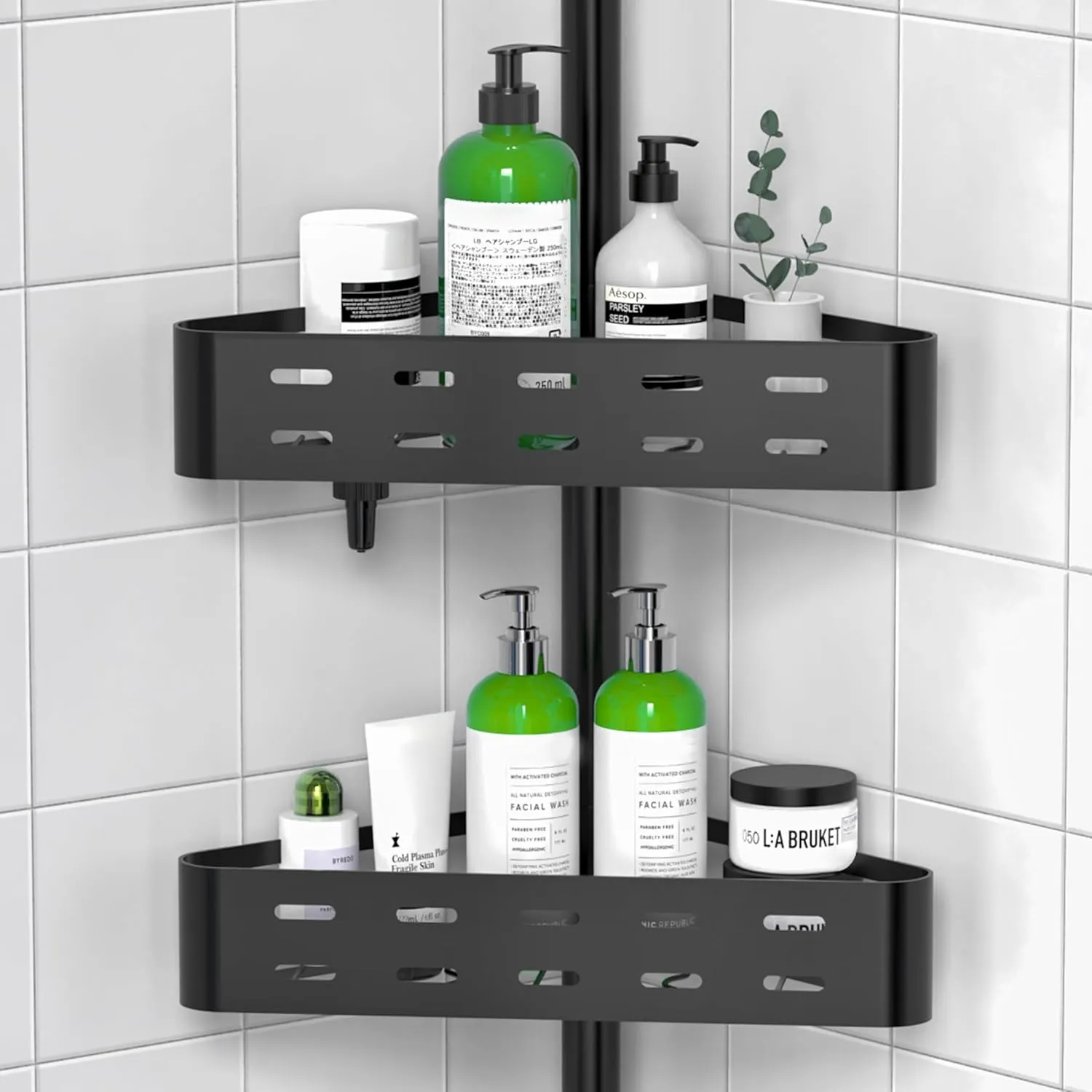 KEGII Corner Shower Caddy Tension Pole - Shower Tension Rod Organizer, Floor to Ceiling Shower Caddy 25-114.2 inch, Towel Rack Corner Waterproof, Dark Black