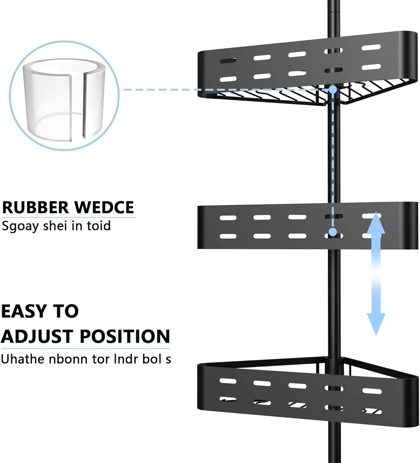 KEGII Corner Shower Caddy Tension Pole - Shower Tension Rod Organizer, Floor to Ceiling Shower Caddy 25-114.2 inch, Towel Rack Corner Waterproof, Dark Black