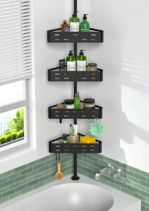 KEGII Corner Shower Caddy Tension Pole - Shower Tension Rod Organizer, Floor to Ceiling Shower Caddy 25-114.2 inch, Towel Rack Corner Waterproof, Dark Black