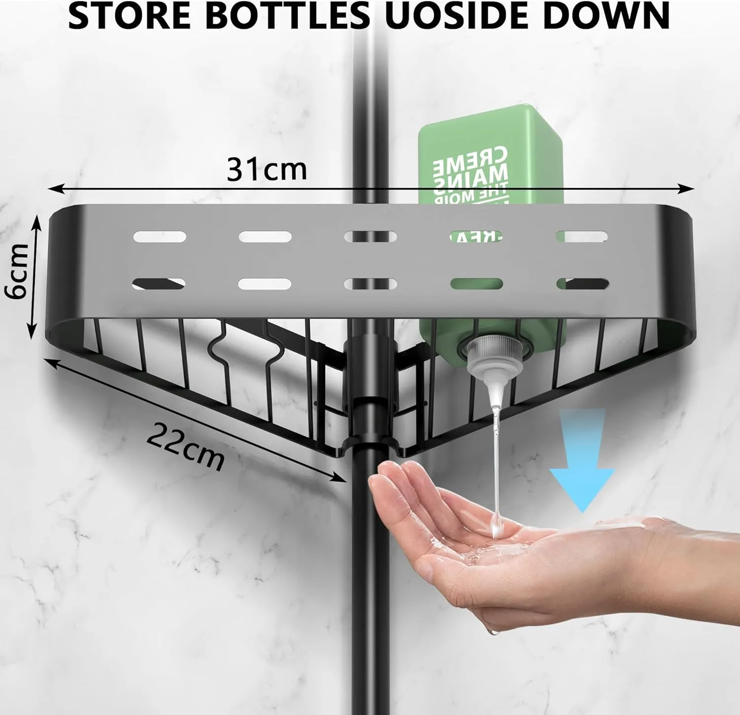 KEGII Corner Shower Caddy Tension Pole - Shower Tension Rod Organizer, Floor to Ceiling Shower Caddy 25-114.2 inch, Towel Rack Corner Waterproof, Dark Black