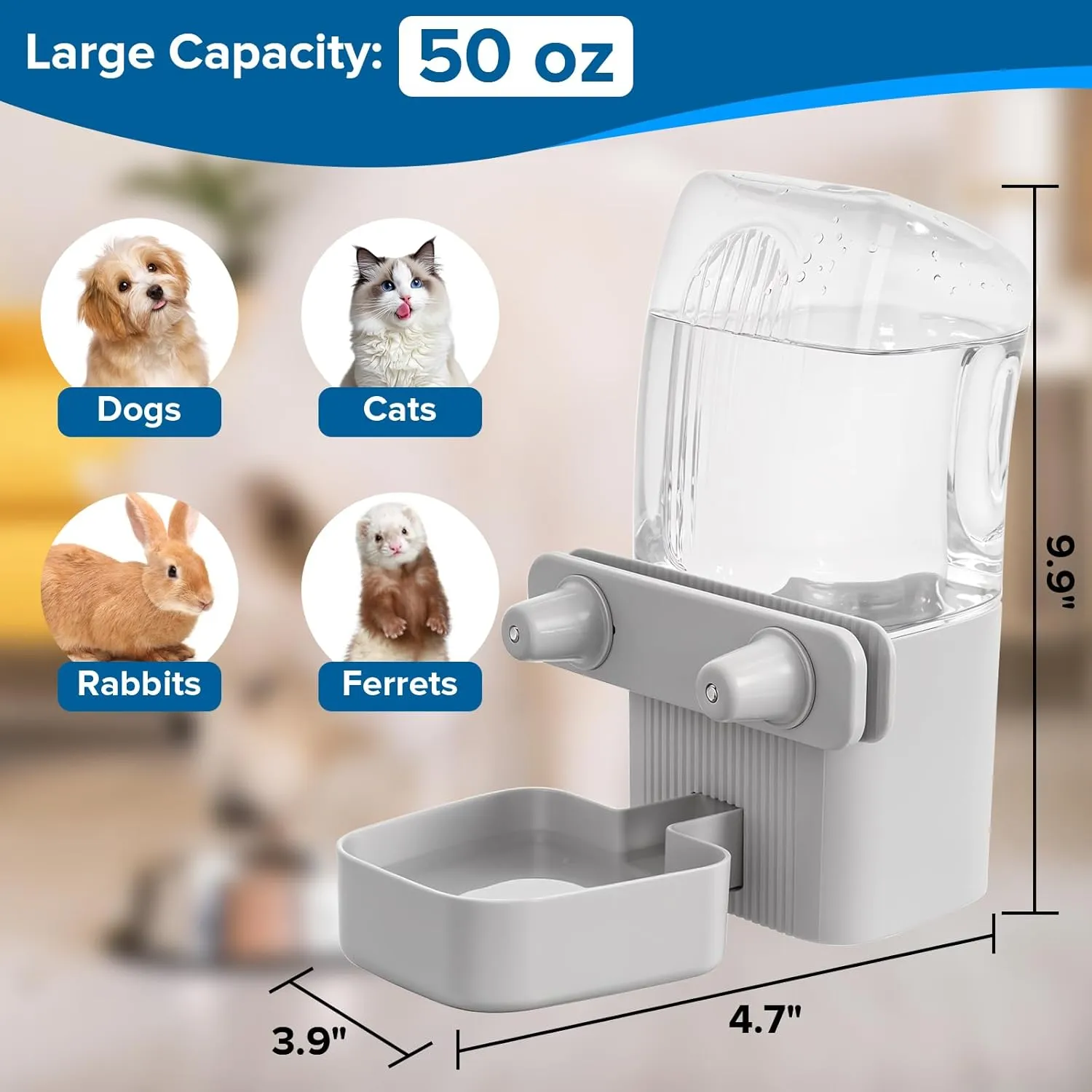 Kenond 50 oz Rabbit Water Dispenser,Gravity Dog Water Bowl Dispenser for Cage,Auto Water Bottle for Ferret,Cat,Dog and Other Animals, Compatible with Widemouth Cages, Wire Cages and Crates