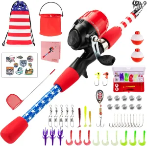 Kids Fishing Pole, Portable Telescopic Kids Fishing Poles for Boys Girls Youth, 4th of July American Flag Fishing Rod and Reel Combo with Full Starter Kits, Independence Day
