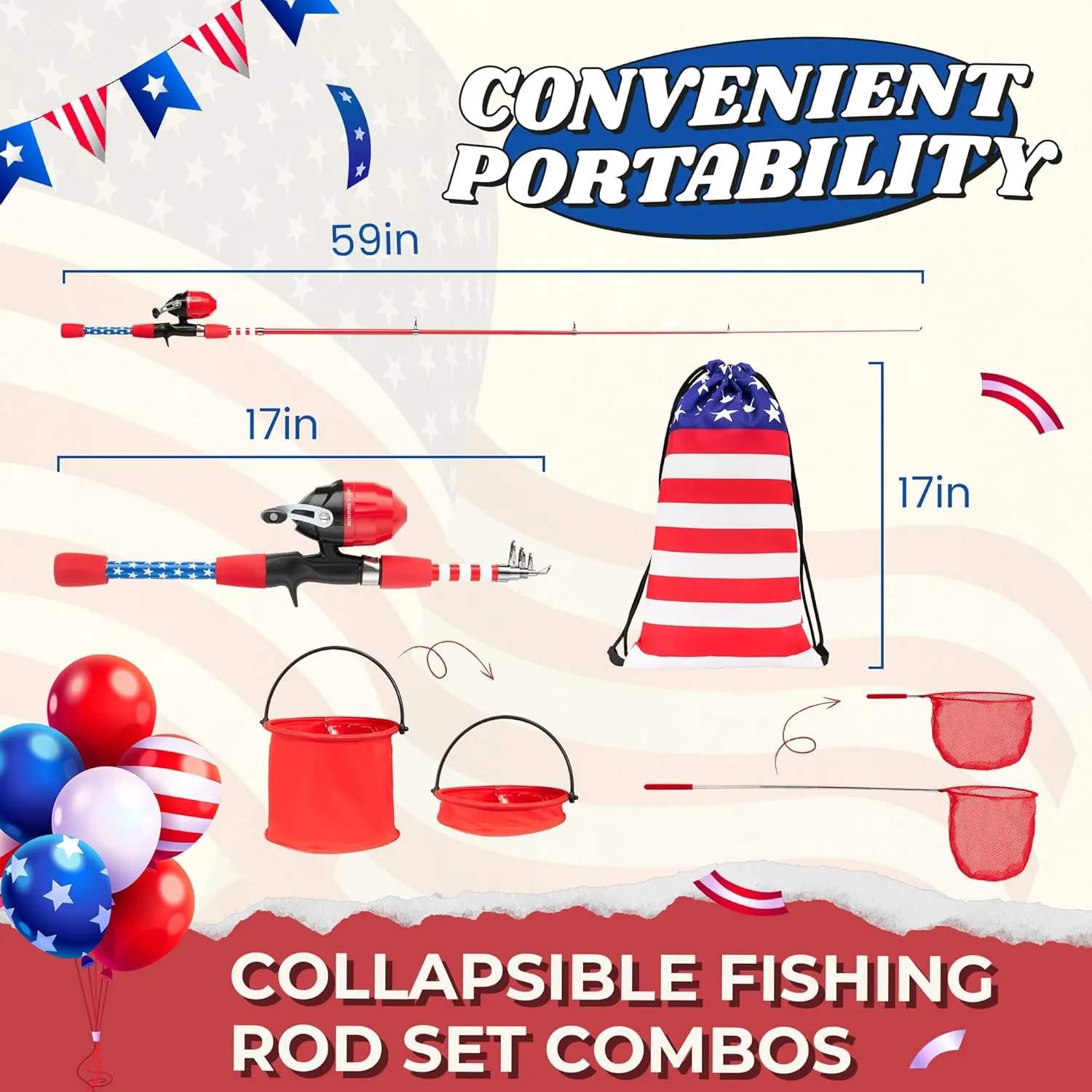 Kids Fishing Pole, Portable Telescopic Kids Fishing Poles for Boys Girls Youth, 4th of July American Flag Fishing Rod and Reel Combo with Full Starter Kits, Independence Day