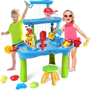 Kids Water Table for Toddlers 3-5 | Sensory Outdoor Water Activity Table with Rain Shower & Toys for Backyard or Beach