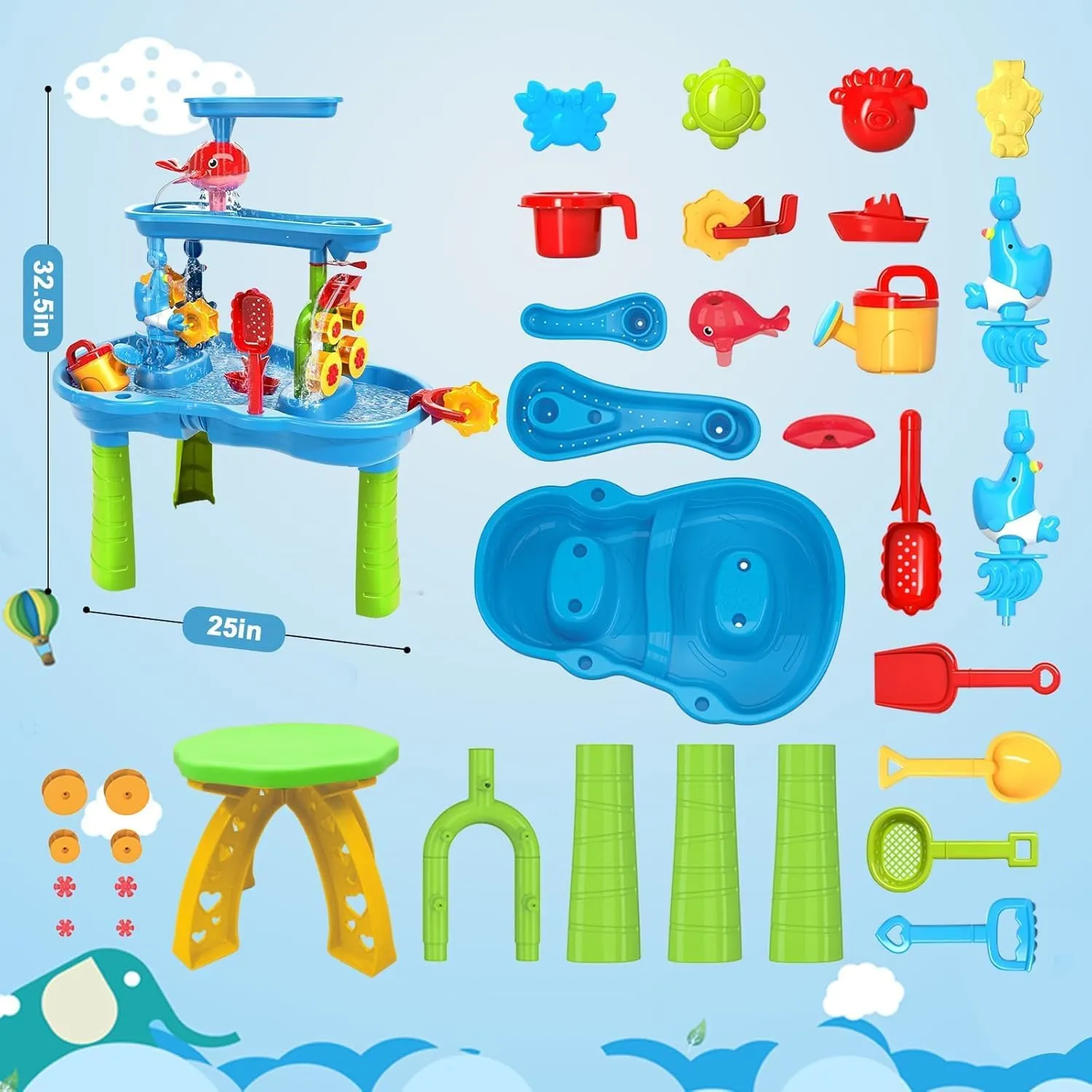 Kids Water Table for Toddlers 3-5 | Sensory Outdoor Water Activity Table with Rain Shower & Toys for Backyard or Beach