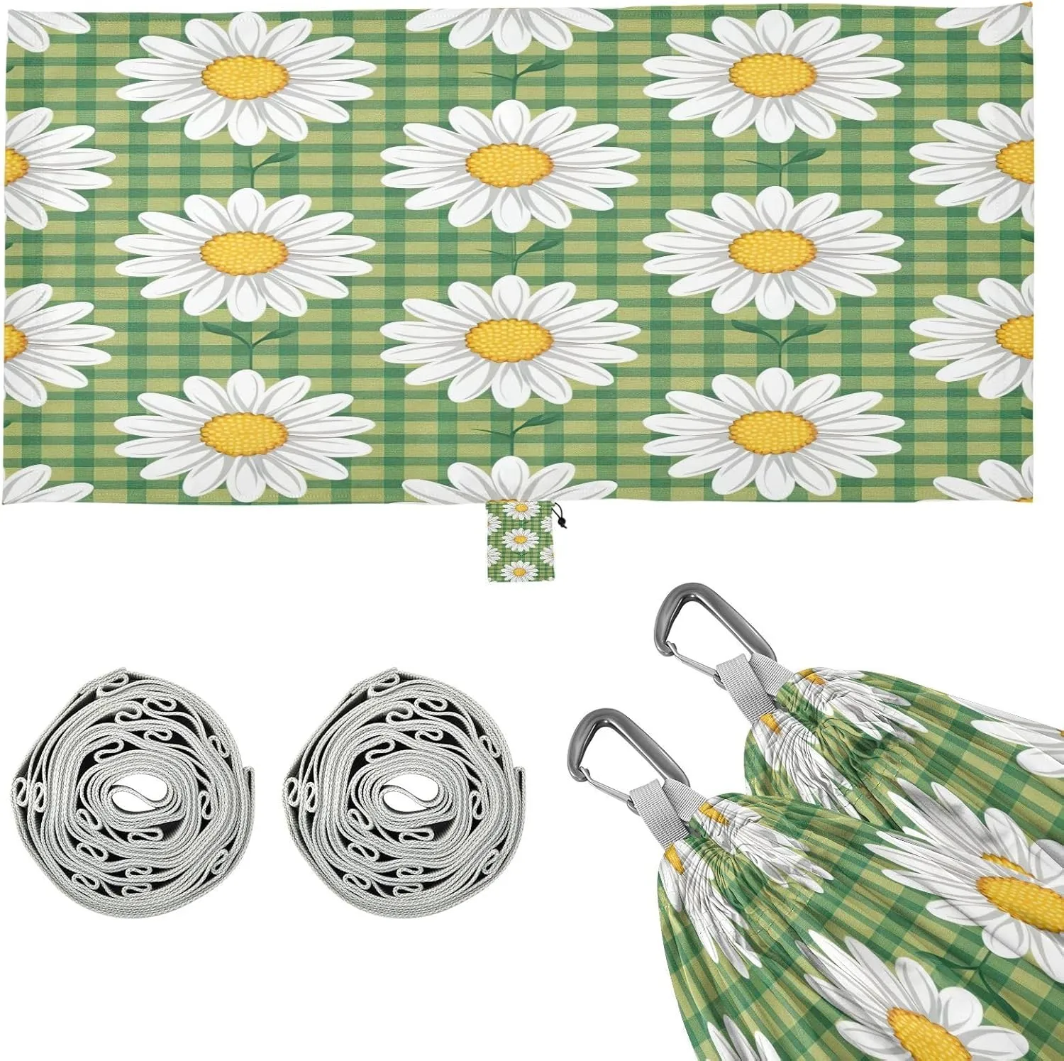Kigai Daisy Flower Plaid Camping Hammock Durable & Portable Travel Hammock Holds 330lbs with Tree Strapsm, Pocket, Camping Accessories