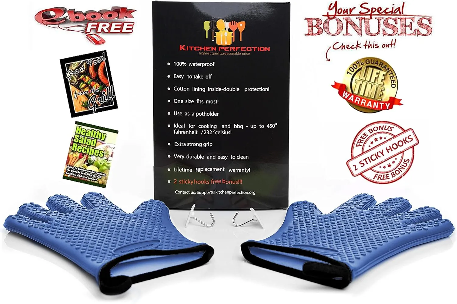 KITCHEN PERFECTION Silicone Smoker Oven Gloves -Extreme Heat Resistant BBQ Gloves -Handle Hot Food Right on Your Smoker Grill Fryer Pit|Waterproof Oven Mitts Grill Gloves |Superior Value Set 3 Bonuses