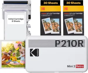 KODAK Mini 2 Retro 4PASS Portable Photo Printer, 2.1x3.4 inches, 68 Sheets Bundle, White