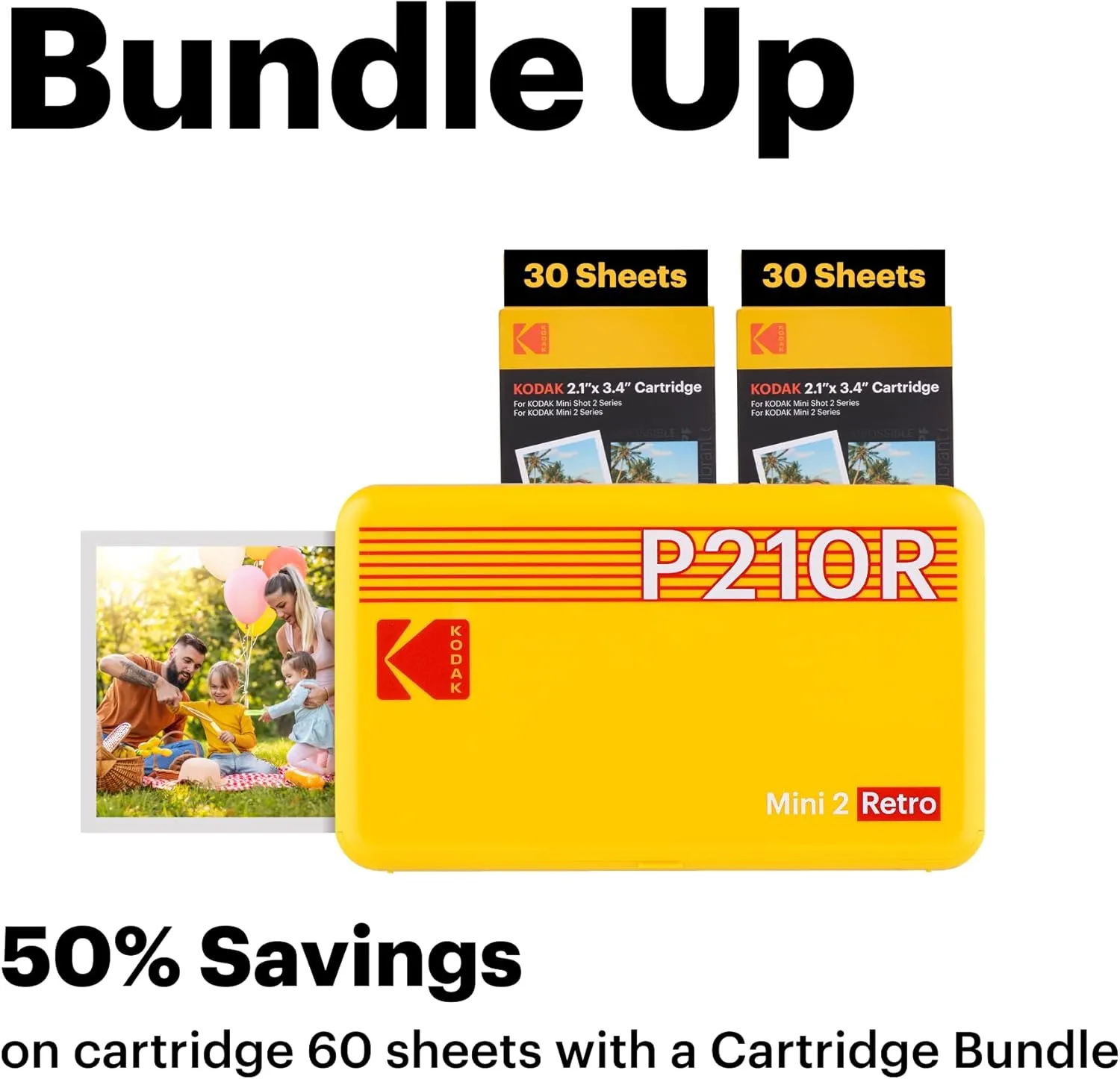 KODAK Mini 2 Retro 4PASS Portable Photo Printer, 2.1x3.4 inches, 68 Sheets Bundle, White